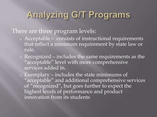 Standard II	The teacher of gifted and talented students has comprehensive knowledge of the cognitive, social, and emotional characteristics and	needs of these students.