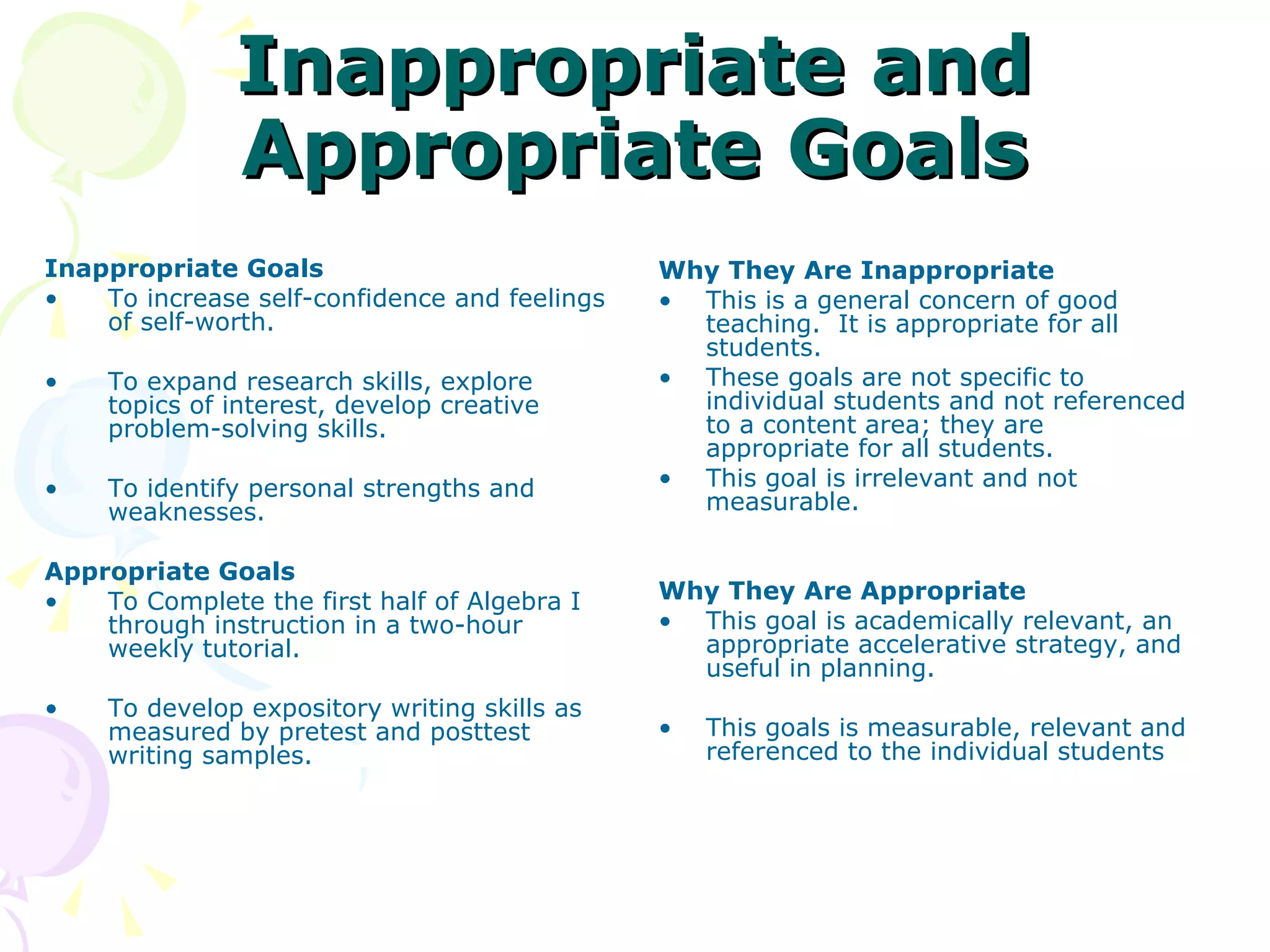 Inappropriate and Appropriate Goals Inappropriate Goals To increase self-confidence and feelings of self-worth. To expand research skills, explore topics of interest, develop creative problem-solving skills. To identify personal strengths and weaknesses. Appropriate Goals To Complete the first half of Algebra I through instruction in a two-hour weekly tutorial. To develop expository writing skills as measured by pretest and posttest writing samples. Why They Are Inappropriate This is a general concern of good teaching.  It is appropriate for all students. These goals are not specific to individual students and not referenced to a content area; they are appropriate for all students. This goal is irrelevant and not measurable. Why They Are Appropriate This goal is academically relevant, an appropriate accelerative strategy, and useful in planning. This goals is measurable, relevant and referenced to the individual students 