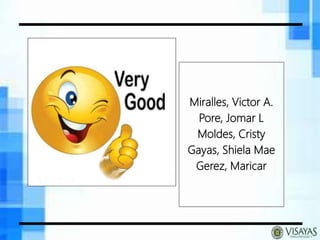 Miralles, Victor A.
Pore, Jomar L
Moldes, Cristy
Gayas, Shiela Mae
Gerez, Maricar
 