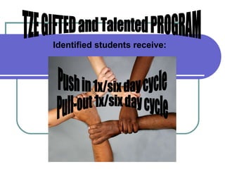 TZE GIFTED and Talented PROGRAM Push in 1x/six day cycle Pull-out 1x/six day cycle Identified students receive: 