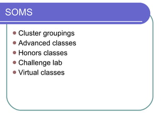 SOMS Cluster groupings Advanced classes Honors classes Challenge lab Virtual classes 