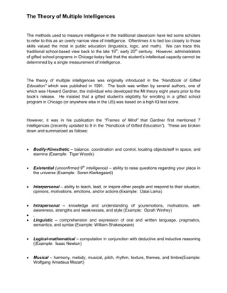 The Theory of Multiple Intelligences
The methods used to measure intelligence in the traditional classroom have led some scholars
to refer to this as an overly narrow view of intelligence. Oftentimes it is tied too closely to those
skills valued the most in public education (linguistics, logic, and math). We can trace this
traditional school-based view back to the late 19th
, early 20th
century. However, administrators
of gifted school programs in Chicago today feel that the student’s intellectual capacity cannot be
determined by a single measurement of intelligence.
The theory of multiple intelligences was originally introduced in the “Handbook of Gifted
Education” which was published in 1991. The book was written by several authors, one of
which was Howard Gardner, the individual who developed the MI theory eight years prior to the
book’s release. He insisted that a gifted student’s eligibility for enrolling in a gifted school
program in Chicago (or anywhere else in the US) was based on a high IQ test score.
However, it was in his publication the “Frames of Mind” that Gardner first mentioned 7
intelligences ((recently updated to 9 in the “Handbook of Gifted Education”). These are broken
down and summarized as follows:
 Bodily-Kinesthetic – balance, coordination and control, locating objects/self in space, and
stamina (Example: Tiger Woods)
 Existential (unconfirmed 9th
intelligence) – ability to raise questions regarding your place in
the universe (Example: Soren Kierkegaard)
 Interpersonal – ability to teach, lead, or inspire other people and respond to their situation,
opinions, motivations, emotions, and/or actions (Example: Dalai Lama)
 Intrapersonal – knowledge and understanding of youremotions, motivations, self-
awareness, strengths and weaknesses, and style (Example: Oprah Winfrey)
 .
 Linguistic – comprehension and expression of oral and written language, pragmatics,
semantics, and syntax (Example: William Shakespeare)
 Logical-mathematical – computation in conjunction with deductive and inductive reasoning
((Example: Isaac Newton)
 Musical – harmony, melody, musical, pitch, rhythm, texture, themes, and timbre(Example:
Wolfgang Amadeus Mozart)
 