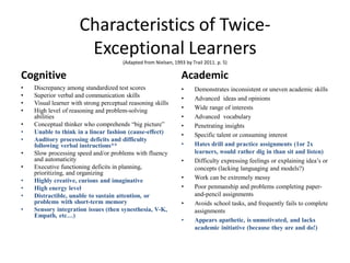 Characteristics of Twice-
Exceptional Learners
(Adapted from Nielsen, 1993 by Trail 2011. p. 5)
Cognitive
• Discrepancy among standardized test scores
• Superior verbal and communication skills
• Visual learner with strong perceptual reasoning skills
• High level of reasoning and problem-solving
abilities
• Conceptual thinker who comprehends “big picture”
• Unable to think in a linear fashion (cause-effect)
• Auditory processing deficits and difficulty
following verbal instructions**
• Slow processing speed and/or problems with fluency
and automaticity
• Executive functioning deficits in planning,
prioritizing, and organizing
• Highly creative, curious and imaginative
• High energy level
• Distractible, unable to sustain attention, or
problems with short-term memory
• Sensory integration issues (then synesthesia, V-K,
Empath, etc…)
Academic
• Demonstrates inconsistent or uneven academic skills
• Advanced ideas and opinions
• Wide range of interests
• Advanced vocabulary
• Penetrating insights
• Specific talent or consuming interest
• Hates drill and practice assignments (1or 2x
learners, would rather dig in than sit and listen)
• Difficulty expressing feelings or explaining idea’s or
concepts (lacking languaging and models?)
• Work can be extremely messy
• Poor penmanship and problems completing paper-
and-pencil assignments
• Avoids school tasks, and frequently fails to complete
assignments
• Appears apathetic, is unmotivated, and lacks
academic initiative (because they are and do!)
 