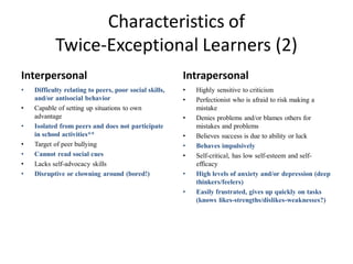 Characteristics of
Twice-Exceptional Learners (2)
Interpersonal
• Difficulty relating to peers, poor social skills,
and/or antisocial behavior
• Capable of setting up situations to own
advantage
• Isolated from peers and does not participate
in school activities**
• Target of peer bullying
• Cannot read social cues
• Lacks self-advocacy skills
• Disruptive or clowning around (bored!)
Intrapersonal
• Highly sensitive to criticism
• Perfectionist who is afraid to risk making a
mistake
• Denies problems and/or blames others for
mistakes and problems
• Believes success is due to ability or luck
• Behaves impulsively
• Self-critical, has low self-esteem and self-
efficacy
• High levels of anxiety and/or depression (deep
thinkers/feelers)
• Easily frustrated, gives up quickly on tasks
(knows likes-strengths/dislikes-weaknesses?)
 