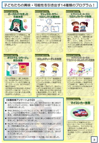 FESTA CARD #08
楽譜が読めなくとも問題なし。簡
易作曲アプリを使って、プロの作
曲家と一緒にメロディーや歌詞づ
くりを体験します。普段何気なく
感じているきみだけの感性を作曲
で表現しよう。
FESTA CARD #09
マシュマロとパスタを利用して、
みんなで時間内にできるだけ高い
タワーを作ります。このプログラ
ムを通じて「チームでの物事の進
め方」を学ぶことができます。
No.1:A
No.2:B
Base Design
FESTA CARD #10
PMI教育財団の体験教材「タワー
ゲーム」を通じて、協働作業に必
要な、スコープ、タイム（時
間）、コスト、品質、リスクや
チームの協力という、プロジェク
トワークに必要な基本要素を体験
することができます。
FESTA CARD #11
プロの写真家と⼀緒に写真を取
り、それをPC等で加⼯してオリ
ジナルコラージュ作りに挑戦しま
す。コラージュは、思うがままに
集めた写真や
切り抜きなどの素材を使った⾃分
だけのアート集です。ファイン
ダーからいつもと違った⾃分が⾒
えるかもしれません。
FESTA CARD #12
ダンスアーティスト/ 英国認定ダ
ンス・ムーブメント・サイコセラ
ピストによる想像して創造するダ
ンス体験です。
裸⾜で動いて転がって、⾃分らし
いダンス(動き)を⾒つけていきま
す。⾳楽に合わせて形に捉われな
い動きを展開していく事で、⼦ど
もたちの感性と個性を解放しま
す。
FESTA CARD #13
ダンスアーティスト/ 英国認定ダ
ンス・ムーブメント・サイコセラ
ピストによる想像して創造するダ
ンス体験です。 講師とマンツーマ
ンで、より自分らしさを深めるダ
ンス表現を創ります。
FESTA CARD #14
ラジコンカーに搭載されたコン
ピューター（マイコン）のプログ
ラミングを行い、ラジコンカーが
1週するタイムを競います。
機械の仕組み（ハード）とプログ
ラム設計（ソフト）を同時に学べ
ます。
3
《保護者様アンケートより②》
 いろいろな体験の中のひとつとして、流れで抵抗なく場に参加で
きたことがよかったかと。複数の体験がひとつの場でできること
の意義を感じました。
 学校に馴染みにくい子どもにとっても、育てている親にとって
も、このような場所があることはとても心強く、ありがたく思い
ます。次回もまた是非参加したいです。
 何から何まできめ細かい対応で、本当に楽しく体験させていただ
きました。ありがとうございました。
 特にギフターさんからのメッセージカードがとても嬉しかったで
す。子供も喜んでました。
 一日子どもたちも楽しめ、夫婦で子どものこと、子育てについて
感じたり考えたりたくさん話す貴重な時間となりました。ありが
とうございました。
 一対一でギフターがつくのが手厚くて有り難いなと思いました。
 