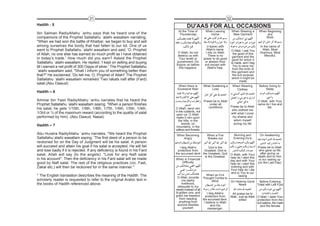 31                                                                                 32
Hadith - 5                                                                            DU'AAS FOR ALL OCCASIONS
                                                                               At the Time of         When Leaving         When Wearing a         When Beginning
Ibn Salman RadiyAllahu `anhu says that he heard one of the                      Thunderclap              Home               New Garment                any
companions of the Prophet Sallallahu `alaihi wasallam narrating,                                                                                      Work
"When we had won the battle of Khaibar, we began to buy and sell
among ourselves the booty that had fallen to our lot. One of us                                        (I leave) with                              In the name of
went to Prophet Sallallahu `alaihi wasallam and said, 'O, Prophet                                      Allah's name.       O Allah, I ask You        Allah, Most
                                                                              O Allah, do not         I rely on Allah.                             Gracious, Most
of Allah, no one else has earned so much profit as I have obtained            destroy us with           There is no
                                                                                                                             the good of this
                                                                                                                                                       Merciful.
                                                                                                                            garment and the
in today's trade.' How much did you earn? Asked the Prophet                    Your wrath or         power to do good       good for which it
Sallallahu `alaihi wasallam. He replied, 'I kept on selling and buying        punishment. Do          or abstain from      is made, and I beg
                                                                             forgive us before        evil except with       You to save me
till I earned a net profit of 300 Oqiya of silver.' The Prophet Sallallahu     this happens.            Allah's help.        from the evils of
`alaihi wasallam said, "Shall I inform you of something better than                                                         this garment and
that?" He exclaimed, 'Do tell me, O, Prophet of Allah!' The Prophet                                                          the evil purpose
Sallallahu `alaihi wasallam remarked 'Two rakats nafl after (Fard)                                                          which it might be
                                                                                                                                  made
salat.(Abu Dawud)
                                                                              When there is          When Sustaining a     When Wearing           Before Going to
                                                                              Excessive Rain              Loss               Clothes                  Sleep
Hadith – 6

Ammar bin Yasir RadiyAllahu `anhu narrates that he heard the                                         Praise be to Allah                          O Allah, with Your
Prophet Sallallahu `alaihi wasallam saying: "When a person finishes                                      under all                               name do I live and
                                                                                                        conditions        Praise be to Allah            die.
his salat, he gets 1/10th, 1/9th, 1/8th, 1/7th, 1/6th, 1/5th, 1/4th,         O Allah, send rain                            who clothed me
1/3rd or ½ of the maximum reward (according to the quality of salat          in the outskirts, not
                                                                              upon us. O Allah,                           with what I cover
performed by him). (Abu Dawud, Nasai)                                         make it rain upon                            my shame and
                                                                               the hills, in the                            adorn myself
                                                                                  woods, on                                 during my life
Hadith – 7                                                                    mountains, in the
                                                                             valleys and forests.
Abu Huraira RadiyAllahu `anhu narrates, "We heard the Prophet                 When Becoming            When a Fire          Morning and            On Awakening
Sallallahu`alaihi wasallam saying, 'The first deed of a person to be              Angry                Breaks out           Evening Du'a
reckoned for on the Day of Judgment will be his salat. A person
will succeed and attain his goal if his salat is accepted. He will fail           I beg Allah's         God is the                               Praise be to Allah
and lose badly if it is rejected. If any deficiency is found in his Fard        protection from    Greatest, God is                               who gave us life
salat, Allah will say (to the angels): "Look for any Nafl salat              the accursed devil the Greatest, God O Allah, with Your               after giving us
                                                                                                    is the Greatest.  help do I start this       death and to Him
in his account". Then the deficiency in his Fard salat will be made          When in Financial                        day and with Your           is our raising up
good by Nafl salat. The rest of the religious practices (viz. Fast,                  Difficulty                       help do I start this       (on the Last Day)
Zakat etc.) will then be reckoned for in the same manner."                                                            evening and with
                                                                                                                      Your help do I die
                                                                                                                      and to You is our
* The English translation describes the meaning of the Hadith. The                                   When an Evil            raising
                                                                               O Allah, provide Thought Comes to
scholarly reader is requested to refer to the original Arabic text in               me lawful             Mind        On Hearing Good             Before Entering
the books of Hadith referenced above.                                               livelihood,                               News               Toilet with Left Foot
                                                                               adequate to my
                                                                             needs instead of all
                                                                             ill-gotten one, and      I beg Allah's    All praise be to
                                                                             grant me freedom       protection from   Allah. Just as Allah       O Allah, I seek Your
                                                                                 from needing     the accursed devil.         willed             protection from the
                                                                                 anything from     I believe in Allah                            evil satans, the male
                                                                               anyone besides            and His                                   and the female
                                                                                     yourself.        messenger.
 