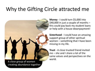 Why the Gifting Circle attracted me
A close group of women
creating abundance together
Money - I could turn $5,000 into
$4...