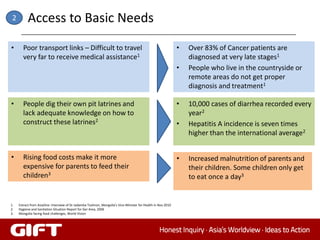 2         Access to Basic Needs
•      Poor transport links – Difficult to travel                                                             •   Over 83% of Cancer patients are
       very far to receive medical assistance1                                                                    diagnosed at very late stages1
                                                                                                              •   People who live in the countryside or
                                                                                                                  remote areas do not get proper
                                                                                                                  diagnosis and treatment1

•      People dig their own pit latrines and                                                                  •   10,000 cases of diarrhea recorded every
       lack adequate knowledge on how to                                                                          year2
       construct these latrines2                                                                              •   Hepatitis A incidence is seven times
                                                                                                                  higher than the international average2


•      Rising food costs make it more                                                                         •   Increased malnutrition of parents and
       expensive for parents to feed their                                                                        their children. Some children only get
       children3                                                                                                  to eat once a day3


1.   Extract from AsiaOne: Interview of Dr Jadamba Tsolmon, Mongolia's Vice-Minister for Health in Nov 2010
2.   Hygiene and Sanitation Situation Report for Ger Area, 2006
3.   Mongolia facing food challenges, World Vision
 