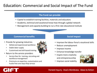 Education: Commercial and Social Impact of The Fund

                                            The Fund can provide
              • Capital to establish training facilities, materials and educators
              • Academic, technical and vocational know-how through a global network
              • Management and capacity building to run a first-rate educational institute



            Commercial benefits                                          Social impact

• Provide for growing industries                           • Improve the labour force’s vocational skills
  •   Skilled and experienced workforce                    • Reduce unemployment
  •   Stable labor supply
                                                           • Improve income
  •   Customised and skill-based training
                                                           • Enhance knowledge transfer
• Return to the service providers
                                                           • Inspire more creativity
  •   Service fees for training, recruiting and
      workforce management                                   and entrepreneurship
  •   Premiums on expertise, customisation and             • Improve social stability
      hustle-free one-stop-shop service


                                                                                                   37
 
