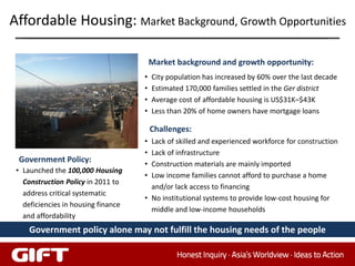 Affordable Housing: Market Background, Growth Opportunities

                                         Market background and growth opportunity:
                                     •   City population has increased by 60% over the last decade
                                     •   Estimated 170,000 families settled in the Ger district
                                     •   Average cost of affordable housing is US$31K–$43K
                                     •   Less than 20% of home owners have mortgage loans

                                         Challenges:
                                     • Lack of skilled and experienced workforce for construction
                                     • Lack of infrastructure
 Government Policy:                  • Construction materials are mainly imported
 • Launched the 100,000 Housing
                                     • Low income families cannot afford to purchase a home
   Construction Policy in 2011 to
                                       and/or lack access to financing
   address critical systematic
                                     • No institutional systems to provide low-cost housing for
   deficiencies in housing finance
                                       middle and low-income households
   and affordability
     Government policy alone may not fulfill the housing needs of the people
 