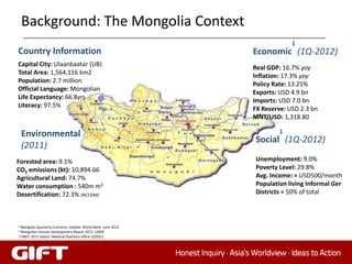 Background: The Mongolia Context
                                                                           1
Country Information                                           Economic (1Q-2012)
Capital City: Ulaanbaatar (UB)
                                                              Real GDP: 16.7% yoy
Total Area: 1,564,116 km2
                                                              Inflation: 17.3% yoy
Population: 2.7 million
                                                              Policy Rate: 13.25%
Official Language: Mongolian
                                                              Exports: USD 4.9 bn
Life Expectancy: 66.8yrs
                                                              Imports: USD 7.0 bn
Literacy: 97.5%
                                                              FX Reserve: USD 2.3 bn
                                                              MNT/USD: 1,318.80
                                    2
    Environmental                                                      1
                                                              Social (1Q-2012)
    (2011)
Forested area: 9.1%                                           Unemployment: 9.0%
CO2 emissions (kt): 10,894.66                                 Poverty Level: 29.8%
Agricultural Land: 74.7%                                      Avg. Income: ≈ USD500/month
Water consumption : 540m m3                                   Population living Informal Ger
Desertification: 72.3% (NCCDM)                                Districts ≈ 50% of total



1 Mongolia Quarterly Economic Update: World Bank, June 2012
2 Mongolian Human Development Report 2011: UNDP
3 UNEP: 2011 report, National Statistics office 1Q2012
 