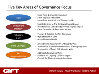 Five Key Areas of Governance Focus
                    • Strict Time & Attention Standard
      Team          • Strict Key Man Provisions
                    • Immediate Notification of Changes to LPs
                    • Strictly Defined In The Context of Social Impact
   Investment       • Broad Product Definition to Provide Highest Impact
     Strategy       • Clear Carve-Outs & Restricted Sectors

    Fiduciary       • Prompt & Detailed Conflict Disclosure
                    • High Standard of Care
      Duty
                    • Annual External Audit

                    • Amendments Require 50% LP Majority Vote
 Fund Changes       • Termination of Commitment Period: 2/3 Majority Vote
                    • Termination of Fund: 3/4 Majority Vote

     LPAC           • Address & Resolve Conflicts
 Responsibilities   • Platform for Ongoing LP/GP Dialogue
                    • Conduit for Disseminating Information

                                                                            71
 