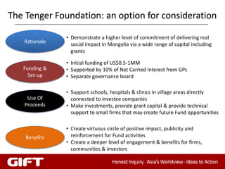 The Tenger Foundation: an option for consideration

               • Demonstrate a higher level of commitment of delivering real
   Rationale
                 social impact in Mongolia via a wide range of capital including
                 grants

               • Initial funding of US$0.5-1MM
   Funding &   • Supported by 10% of Net Carried Interest from GPs
     Set-up    • Separate governance board

               • Support schools, hospitals & clinics in village areas directly
     Use Of      connected to investee companies
    Proceeds   • Make investments, provide grant capital & provide technical
                 support to small firms that may create future Fund opportunities

               • Create virtuous circle of positive impact, publicity and
    Benefits     reinforcement for Fund activities
               • Create a deeper level of engagement & benefits for firms,
                 communities & investors
 