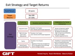 Exit Strategy and Target Returns
Fund Tenure                        10 years

   Target                          Net IRR
  Returns                          15~20%

                Financing                                                        Implications for Social
                                         Duration and Exit Options
               instrument                                                             Enterprises

              Long-term Loans         Duration: 3 to 5 years                   - Access to long-term capital
                                      Exit: Interest and Principal repayment   based on future cash flows
                                                                               - No dilution of ownership
               High risk Long-        Duration: 3 to 7 years                   - High entrepreneurial flexibility
    Exit         term Loans           Exit: Interest and Principal repayment   in the use of capital
                (Mezzanine)                                                    - Flexible repayment terms
  Strategy

                   Equity             Duration: 5 to 10 years                  - Flexibility in raising further debt
                                      Exit:                                    due to increased equity base
                                      - Buyback of shares by management        - Option to buyback shares in the
                Hybrid Equity         - IPO on Mongolian Stock Exchange        future to retain ownership
              (Convertible debt)      - Sale to strategic investor             - Access to experienced directors
                                                                                                                       73
 