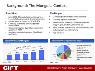 Background: The Mongolia Context
    Transition                                         Challenges
•     Since 1990, Mongolia has transitioned to a   •     Landlocked with limited domestic market
      free market economy and democratic system    •     Economy is poorly diversified
•     Private sector accounts for 70% of GDP
                                                   •     Heavily reliant on export of raw commodities
•     Generally, stable and peaceful political
      environment                                        (copper, gold, crude oil, cashmere, etc.)
•     Government signed Oyu Tolgoi investment      •     Harsh climate, vast territory, limited infrastructure
      agreement 2009                                     and distance from int’l markets
•     Regulations addressing ownership of land     •     High inflation
      and rights
 