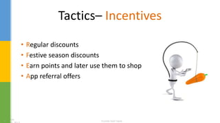 Tactics– Incentives
• Regular discounts
• Festive season discounts
• Earn points and later use them to shop
• App referral offers
 