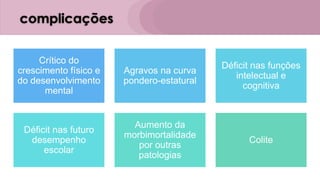 complicações
Crítico do
crescimento físico e
do desenvolvimento
mental
Agravos na curva
pondero-estatural
Déficit nas funções
intelectual e
cognitiva
Déficit nas futuro
desempenho
escolar
Aumento da
morbimortalidade
por outras
patologias
Colite
 