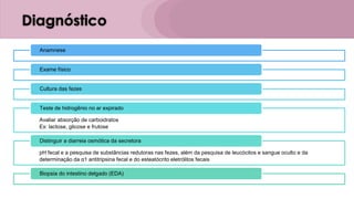 Diagnóstico
Anamnese
Exame físico
Cultura das fezes
Avaliar absorção de carboidratos
Ex: lactose, glicose e frutose
Teste de hidrogênio no ar expirado
pH fecal e a pesquisa de substâncias redutoras nas fezes, além da pesquisa de leucócitos e sangue oculto e da
determinação da α1 antitripsina fecal e do esteatócrito eletrólitos fecais
Distinguir a diarreia osmótica da secretora
Biopsia do intestino delgado (EDA)
 