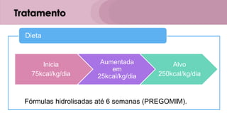 Tratamento
Fórmulas hidrolisadas até 6 semanas (PREGOMIM).
Dieta
Inicia
75kcal/kg/dia
Aumentada
em
25kcal/kg/dia
Alvo
250kcal/kg/dia
 