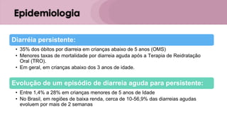 Epidemiologia
Diarréia persistente:
• 35% dos óbitos por diarreia em crianças abaixo de 5 anos (OMS)
• Menores taxas de mortalidade por diarreia aguda após a Terapia de Reidratação
Oral (TRO).
• Em geral, em crianças abaixo dos 3 anos de idade.
Evolução de um episódio de diarreia aguda para persistente:
• Entre 1,4% a 28% em crianças menores de 5 anos de Idade
• No Brasil, em regiões de baixa renda, cerca de 10-56,9% das diarreias agudas
evoluem por mais de 2 semanas
 