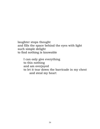 laughter stops thought
and fills the space behind the eyes with light
such simple delight
to find nothing is knowable

    I can only give everything
    to this nothing
    and am overjoyed
    to let it tear down the barricade in my chest
         and steal my heart




                      54
 