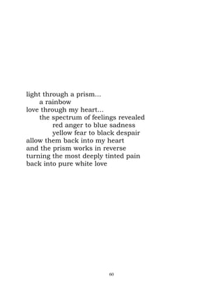 light through a prism...
     a rainbow
love through my heart...
     the spectrum of feelings revealed
         red anger to blue sadness
         yellow fear to black despair
allow them back into my heart
and the prism works in reverse
turning the most deeply tinted pain
back into pure white love




                          60
 