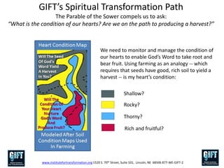 GIFT’s Spiritual Transformation Path
The Parable of the Sower compels us to ask:
“What is the condition of our hearts? Are we on the path to producing a harvest?”
www.institutefortransformation.org 1520 S. 70th Street, Suite 101, Lincoln, NE 68506 877-WE-GIFT-2
Shallow?
Rocky?
Thorny?
Rich and fruitful?
We need to monitor and manage the condition of
our hearts to enable God’s Word to take root and
bear fruit. Using farming as an analogy -- which
requires that seeds have good, rich soil to yield a
harvest -- is my heart’s condition:
 