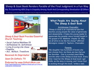 Sheep & Goat Book Renders Parable of the Final Judgment in a Fun Way
Key To Countering 40% Drop In Empathy Among Youth And Corresponding Devaluation Of Others
(As Noted By A University Of Michigan Longitudinal Study Of College Students Before/After 2000; http://www.eurekalert.org/pub_releases/2010-05/uom-ecs052610.php)
Sheep & Goat Book Provides Essential
Church Teaching:
• Social Justice/Matthew 25
• Selflessness Vs. Selfishness
• Living & Loving Like Jesus
• Empathy
• Act… Reflect…Transform
Received An Imprimatur
Seen On Catholic TV
Endorsed by www.CatholicMom.com
https://www.slideshare.net/TimMaurer1/sheep-goat-go-to-the-ice-
cream-parlor-childrens-book
What People Are Saying About
The Sheep & Goat Book
Archdiocese Chancellor:
“Sheep & Goat is an inspirational tale that
teaches young people the value of generosity
and stewardship. It helps the young reader to
appreciate the parable Jesus himself taught in
the gospel of St. Matthew, chapter 25. May
we all strive to be like the sheep!" affirmed
Monsignor Joseph C. Taphorn, Chancellor.
Parents:
"My daughter has hundreds of books she
can choose from, but there are two that are
her favorites. One is a pocket sized Bible,
and the other is the Sheep & Goat book. Every
time I read her the Sheep & Goat book I get
chills, as the story is moving, and I know God
is working through this book,” writes a dad. .
 