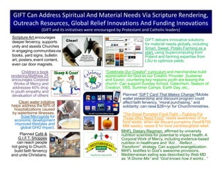 GIFT Can Address Spiritual And Material Needs Via Scripture Rendering,
Outreach Resources, Global Relief Innovations And Funding Innovations
(GIFT and its initiatives were encouraged by Protestant and Catholic leaders)
GIFT delivers innovative solutions
for material needs globally, including
Smart, Sweet, Potato Farming as a
start, using Supercomputing from
Poland and farming expertise from
LSU to optimize yields.
Clean water initiative
helps address the50% of
hospitalizations caused
by waterborne Illnesses.
Solar/Microgrids for
economic development
improved lifestyles and
global GHG impact.
“Celebrate Our Creator” curriculum and merchandise build
appreciation for God as our Creator, Provider ,Sustainer
and Savior; countering key reasons youth are leaving the
church. Can support Sunday School, Catechism, Season of
Creation, VBS, Summer Camps, Earth Day, etc..
Children’s book
renderingMatthew 25
encourages Corporal
Works of Mercy and
addresses 40% drop
in youth empathy and
devaluation of others
.
Scripture Art encourages
deeper fervency, supports
unity and assists Churches
in engaging communitiesvia
books, yard signs, bulletin
art, posters,event content,
even car door magnets.
MHFL Dietary Regimen, affirmed by university
nutrition scientists for potential to impact health. A
Corporal Work of Mercy, including evidence-based
nutrition in healthcare and “Act… Reflect…
Transform” strategy. Can support evangelization:
MHFL testifies to God’s awesome provisions.
Mediterranean eating was described by Web MD
as “A Divine Mix” and “God knows how it works...”
Planned Café &
G.I.F.T. Shoppes
can reach people
not going to Church,
build faith fervency
and unite Christians.
Planned “GIFT Card That Makes Change”/Mobile
wallet stewardship and discount program could
affect faith fervency, “moral purchasing,” and
solidarity; can raise $2B+/yr.for Church/ministries.
“The Great Pumpkin Food Fight – Fighting For
Those Who Need Food” raises awareness of our
food waste, when we discard pumpkins (food/$700
MM waste); raises $ for food pantries/global relief.
 