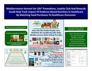 • MHFL Membership Club
discounts encourage
healthy purchases
• MHFL social network(s)
• Chronic-ailment lists
• Can tie POS purchases to
healthcare outcomes data
Introducing Mediterranean Harvest For Life®
Save On The Foods People Love
PLUS Get The Health Benefits Only
Mediterranean-Style Eating Provides
SAVE BIG On
Awesome Foods
And You Might Also
Win A FREE Trip To
Where Healthy Mediterranean
Eating Was First Discovered:
Salerno, Italy
No purchase necessary. Ends 12/31/20
For entry details, see next page,
or go to: www.mediterraneanharvest.com
No other eating style has been proven to help lose weight
PLUS impact health as much! It addresses Alzheimer’s;
Birth Defects; Cancers; Cholesterol; Diabetes; Heart Health;
High Blood Pressure; Parkinson’s; Stroke;and more.
It can help a bunch of folks live far longer…
Perhaps or or years.
73
Mediterranean Harvest For Life® Promotions, Loyalty Club And Rewards
Could Help Track Impact Of Evidence-Based Nutrition In Healthcare
By Matching Food Purchases To Healthcare Outcomes
Discounts on Qualifying Items Proving Evidence-Based
Nutrition In Healthcare
 