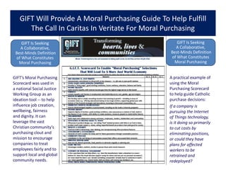 GIFT Will Provide A Moral Purchasing Guide To Help Fulfill
The Call In Caritas In Veritate For Moral Purchasing
A practical example of
using the Moral
Purchasing Scorecard
to help guide Catholic
purchase decisions:
If a company is
pursuing the Internet
of Things technology,
is it doing so primarily
to cut costs by
eliminating positions,
or could they have
plans for affected
workers to be
retrained and
redeployed?
GIFT’s Moral Purchasing
Scorecard was used in
a national Social Justice
Working Group as an
ideation tool -- to help
influence job creation,
wellbeing, fairness
and dignity. It can
leverage the vast
Christian community’s
purchasing clout and
mission to encourage
companies to treat
employees fairly and to
support local and global
community needs.
GIFT Is Seeking
A Collaborative,
Best-Minds Definition
of What Constitutes
Moral Purchasing
GIFT Is Seeking
A Collaborative,
Best-Minds Definition
of What Constitutes
Moral Purchasing
 