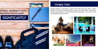 Globally, spending on luxury
Experiences has increased
SIGNIFICANTLY
Changing Tastes
Gifting industry is observing a latent shift since past few years where
people are inclining towards giving a unique and memorable experience
than any physical gift. Luxury consumers are spending a lot more on life
changing Experiences such as:
Tours & Getaways
Gourmet
Arts & LearningWellness
Adventure
 