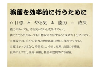 演習を効率的に行うために  
  目標　＊　やる気　＊　能力　＝　成果
能力があっても、やる気がないと成果はでない。
能力とやる気があっても目標設定が低すぎると成果が十分に出ない。
目標設定は、自分の能力と現状認識に照らし合わせて行うと。
目標は１つではなく、時間的に、今日、短期、長期の３種類。
仕事の上では、自分、組織、社会の空間的に３種類。
 