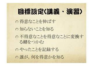 目標設定((講義・演習))  
 得意なことを伸ばす	
 知らないことを知る	
 不得意なことを得意なことに変換す
る鍵をつかむ	
 やったことを記録する	
 誰が，何を得意かを知る	
 