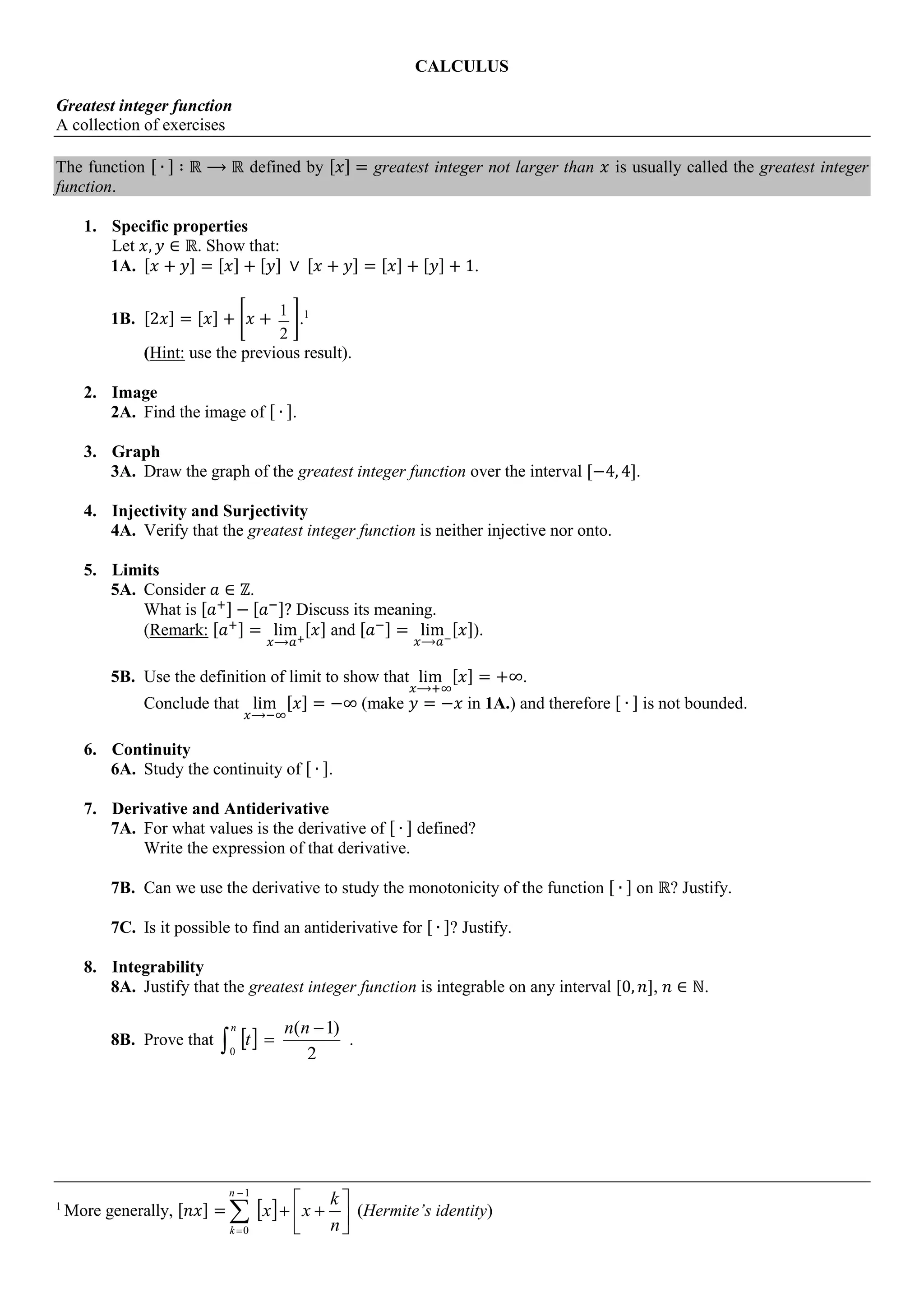 Greatest Integer Function - A collection of Calculus problems | PDF