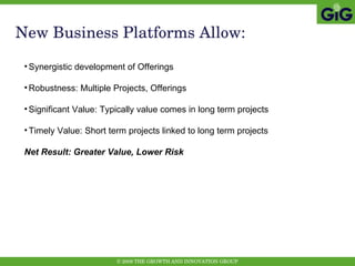 New Business Platforms Allow: Synergistic development of Offerings Robustness: Multiple Projects, Offerings Significant Value: Typically value comes in long term projects Timely Value: Short term projects linked to long term projects Net Result: Greater Value, Lower Risk 