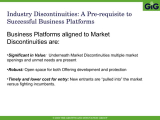 Industry Discontinuities: A Pre-requisite to Successful Business Platforms Business Platforms aligned to Market  Discontinuities are: Significant in Value :   Underneath Market Discontinuities multiple market openings and unmet needs are present  Robust:  Open space for both Offering development and protection Timely and lower cost for entry:  New entrants are “pulled into” the market versus fighting incumbents. 