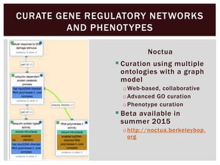 Noctua
 Curation using multiple
ontologies with a graph
model
oWeb-based, collaborative
oAdvanced GO curation
oPhenotype curation
 Beta available in
summer 2015
ohttp://noctua.berkeleybop.
org
CURATE GENE REGULATORY NETWORKS
AND PHENOTYPES
 