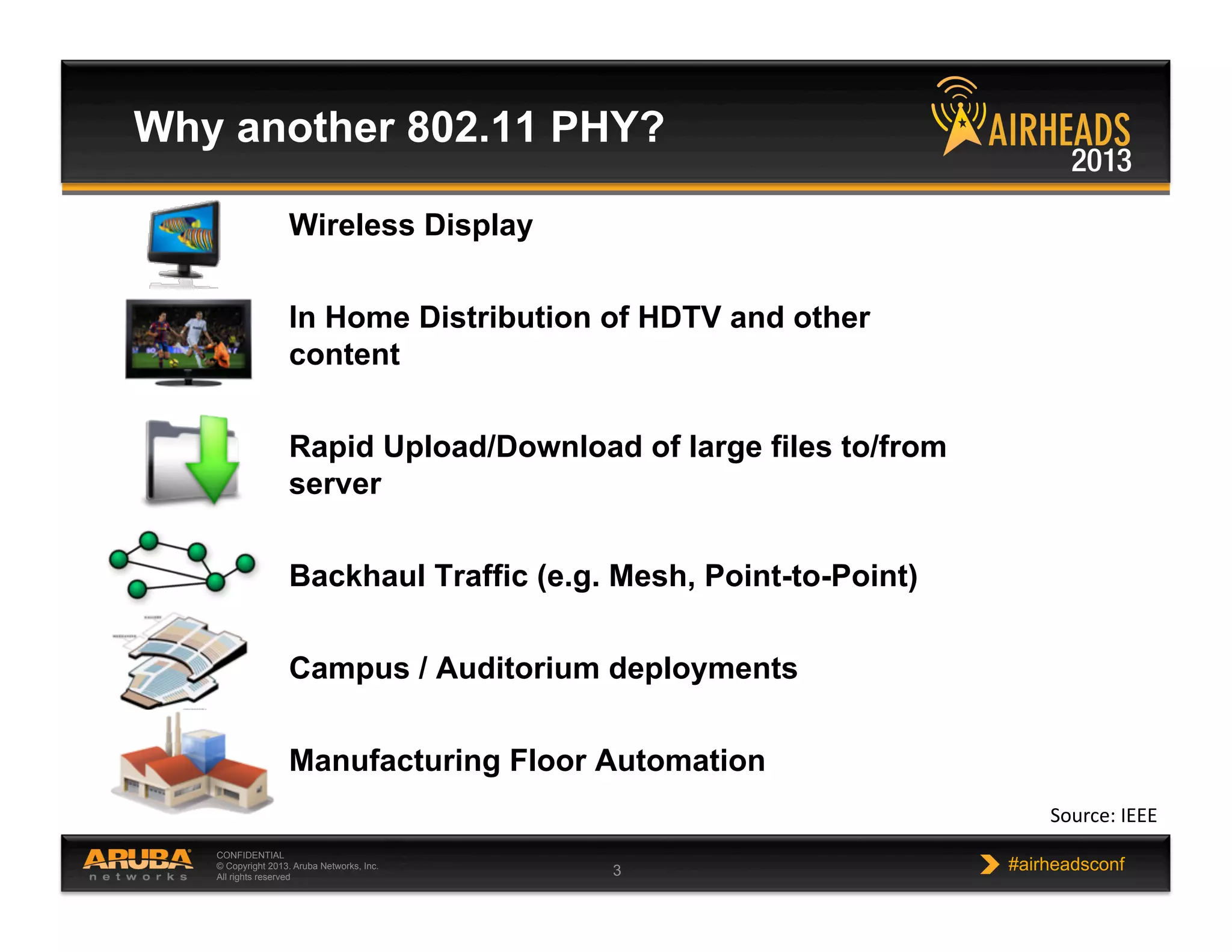 CONFIDENTIAL
© Copyright 2013. Aruba Networks, Inc.
All rights reserved 3 #airheadsconf
Why another 802.11 PHY?
Wireless Display
In Home Distribution of HDTV and other
content
Rapid Upload/Download of large files to/from
server
Backhaul Traffic (e.g. Mesh, Point-to-Point)
Campus / Auditorium deployments
Manufacturing Floor Automation
Source: IEEE 
 