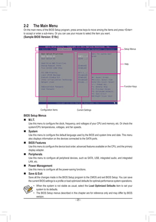 - 25 -
2-2	 The Main Menu
On the main menu of the BIOS Setup program, press arrow keys to move among the items and press Enter
to accept or enter a sub-menu. Or you can use your mouse to select the item you want.
(Sample BIOS Version: E18c)
Setup Menus
Function Keys
Help
Configuration Items Current Settings
•• When the system is not stable as usual, select the Load Optimized Defaults item to set your
system to its defaults.
•• The BIOS Setup menus described in this chapter are for reference only and may differ by BIOS
version.
BIOS Setup Menus
„„ M.I.T.
	 Use this menu to configure the clock, frequency, and voltages of your CPU and memory, etc. Or check the
system/CPU temperatures, voltages, and fan speeds.
„„ System
	 Use this menu to configure the default language used by the BIOS and system time and date. This menu
also displays information on the devices connected to the SATA ports.
„„ BIOS Features
	 Use this menu to configure the device boot order, advanced features available on the CPU, and the primary
display adapter.
„„ Peripherals
	 Use this menu to configure all peripheral devices, such as SATA, USB, integrated audio, and integrated
LAN, etc.
„„ Power Management
	 Use this menu to configure all the power-saving functions.
„„ Save  Exit
	 Save all the changes made in the BIOS Setup program to the CMOS and exit BIOS Setup. You can save
the current BIOS settings to a profile or load optimized defaults for optimal-performance system operations.
 