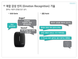 복합 감성 인지 (Emotion Recognition) 기술
말하는 사람의 감정을 알고 싶다.
02
무슨
생각이야?
진짜 이해가 안되고 기가 막히네요
케이티 상담원 케이티 입니다.
• GiGA Genie • 상담 Assist
죄송해요
적절하지 않은
말이었어요
제 생각을 다시 설명
드릴게요
Anger?
Neutral? 명세서 받은 적이 없다니까요
그 주소는 내가 살지도 않고 알지도 못해요
 