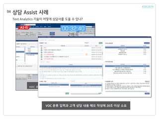 상담 Assist 사례
Text Analytics 기술이 어떻게 상담사를 도울 수 있나?
04
VOC 분류 입력과 고객 상담 내용 메모 작성에 20초 이상 소요
 
