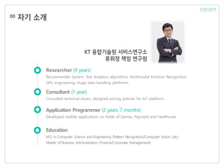 자기 소개00
Education
M.S. in Computer Science and Engineering (Pattern Recognition/Computer Vision Lab.)
Master of Business Administration (Finance/Corporate Management)
Application Programmer (2 years 7 months)
Developed mobile applications on fields of Games, Payment and Healthcare
Consultant (1 year)
Consulted technical issues, designed pricing policies for IoT platform.
Researcher (9 years)
Recommender System, Text Analytics algorithms, Multimodal Emotion Recognition,
GPU engineering, Huge data handling platforms
 