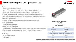 25G SFP28 ER (LAN-WDM) Transceiver
Features:
▪ Hot-pluggable SFP28 form factor
▪ Data rate up to 25Gbps for CPRI Option 10 and 25GBASE-ER Ethernet
▪ Reach up to 30km without FEC or 40km with FEC over G.652 SMF
▪ Cooled 1310nm LAN-WDM EML laser (6 options) and PIN photodetector
▪ Built-in CDRs on both the transmit and receive paths to meet low jitter and
low latency requirements
▪ Support CDR bypass for multiple rate services and backward rate
▪ Dual LC receptacle
▪ 3.3V power supply voltage
▪ Power consumption < 1.8W
▪ Compliant with Telcordia GR-468-CORE to ensure long-term business stability
▪ Operating case temperature range from 0°C to 70°C or -40°C to +85°C
Applications:
▪ 25GBASE-ER Ethernet
▪ CPRI Option 10
IC Supplier
TX Driver MACOM
MCU ADI
TOSA (Gigalight) Neo COC / Mitsubishi TO
APD Wooriro
TEC ADI
Chip Solutions
25G SFP28 ER Transceiver
(Sample)
Wavelength options: 1286.66nm, 1291.10nm, 1295.56nm, 1300.05nm, 1304.58nm, and 1309.14nm
 