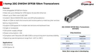 IC Supplier
TX Driver MACOM
MCU ADI
EML(Gigalight) Neo COC
APD Wooriro
TEC ADI
I-temp 25G DWDM SFP28 10km Transceivers
25G DWDM SFP28 10km Transceivers
(Sample)
Chip Solutions
Features:
▪ Hot-pluggable SFP28 form factor
▪ Data rate up to 25Gbps for CPRI Option 10 and 25G Ethernet
▪ Reach up to 10km over G.652 SMF
▪ Cooled C-Band DWDM EML laser and APD photodetector
▪ Built-in CDRs on both the transmit and receive paths to meet low jitter and low
latency requirements
▪ Support CDR bypass for multiple rate services and backward rate
▪ Single LC receptacle
▪ 3.3V power supply voltage
▪ Power consumption < 2W
▪ Compliant with Telcordia GR-468-CORE to ensure long-term business stability
▪ Operating case temperature range from -40°C to +85°C
Applications:
▪ 25G Ethernet
▪ CPRI Option 10
Note: 2km range also in developing
 