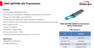 100G QSFP28 4WDM-10 Transceiver
(Mass Production)
IC Supplier
TX CDR MACOM
RX CDR + TIA MACOM
TOSA with LD Gigalight TOSA
ROSA Gigalight ROSA
100G QSFP28 LR4 Transceiver
Features:
▪ Hot-pluggable QSFP28 form factor
▪ Data rate up to 111.8Gbps for 100GBASE-LR4 Ethernet and OTN OTU4
▪ Reach up to 10km/20km over G.652 SMF
▪ 4CH cooled LAN-WDM DML lasers and PIN photodetectors
▪ Built-in CDRs on both the transmit and receive paths to meet low jitter and low
latency requirements
▪ Dual LC receptacle
▪ 3.3V power supply voltage
▪ Power consumption < 3.5W
▪ Operating case temperature range from 0°C to 70°C
Applications:
▪ 100GBASE-LR4 Ethernet
▪ 5G Optical Network
Chip Solutions
 
