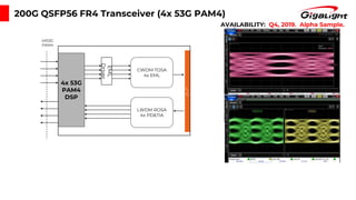 200G QSFP56 FR4 Transceiver (4x 53G PAM4)
4x 53G
PAM4
DSP
L
C
4X53G
PAM4
LWDM ROSA
4x PD&TIA
EML
Driver
CWDM TOSA
4x EML
AVAILABILITY: Q4, 2019. Alpha Sample.
 