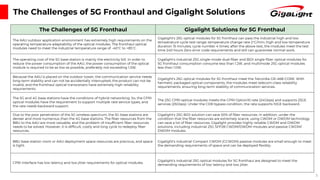 3
The Challenges of 5G Fronthaul and Gigalight Solutions
The Challenges of 5G Fronthaul Gigalight Solutions for 5G Fronthaul
The AAU outdoor application environment has extremely high requirements on the
operating temperature adaptability of the optical modules. The fronthaul optical
modules need to meet the industrial temperature range of -40°C to +85°C.
Gigalight's 25G optical modules for 5G fronthaul can pass the industrial high and low
temperature cycle test range; temperature change rate 2°C/min; high and low temperature
duration 15 minutes; cycle number 4 times; after the above test, the modules meet the test
time 240 hours Zero error code requirements and still can guarantee normal work.
The operating cost of the 5G base station is mainly the electricity bill. In order to
reduce the power consumption of the AAU, the power consumption of the optical
module is required to be as low as possible, preferably not exceeding 1.5W.
Gigalight's industrial 25G single-mode dual-fiber and BiDi single-fiber optical modules for
5G fronthaul consumption consume less than 1.2W, and multimode 25G optical modules
less than 1.0W.
Because the AAU is placed on the outdoor tower, the communication service needs
long-term stability and can not be accidentally interrupted, the product can not be
invalid, and the fronthaul optical transceivers have extremely high reliability
requirements.
Gigalight's 25G optical modules for 5G fronthaul meet the Telcordia GR-468-CORE. With
hermetic packaged optical components, the modules meet telecom-class reliability
requirements, ensuring long-term stability of communication services.
The 5G and 4G base stations have the conditions of hybrid networking. So, the CPRI
optical modules have the requirement to support multiple rate service types, and
the rate needs backward support.
The 25G CPRI optical modules meets the CPRI Option10 rate (24Gbps) and supports 25GE
services (25Gbps). Under the CDR bypass condition, the rate supports 10GE backward.
Due to the poor penetration of the 5G wireless spectrum, the 5G base stations are
denser and more numerous than the 4G base stations. The fiber resources from the
BBU to the AAU are more valuable, and the problem of insufficient fiber resources
needs to be solved. However, it is difficult, costly and long cycle to redeploy fiber
resources.
Gigalight's 25G BiDi solution can save 50% of fiber resources. In addition, under the
condition that the fiber resources are extremely scarce, using CWDM or DWDM technology
can save a lot of fiber resources. Gigalight provides highly reliable CWDM and DWDM
solutions, including industrial 25G SFP28 CWDM/DWDM modules and passive CWDM/
DWDM modules.
BBU base station room or AAU deployment space resources are precious, and space
is tight.
Gigalight's industrial Compact CWDM (CCWDM) passive modules are small enough to meet
the demanding requirements of space and can be deployed flexibly.
CPRI interface has low latency and low jitter requirements for optical modules.
Gigalight's industrial 25G optical modules for 5G fronthaul are designed to meet the
demanding requirements of low latency and low jitter.
 