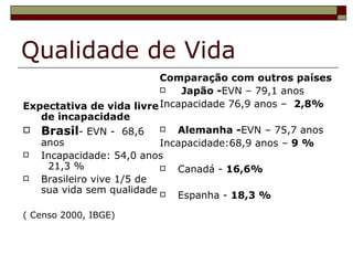 Qualidade de Vida Expectativa de vida livre de incapacidade Brasil - EVN -  68,6 anos  Incapacidade: 54,0 anos  21,3 % Brasileiro vive 1/5 de sua vida sem qualidade ( Censo 2000, IBGE) Comparação com outros países Japão - EVN – 79,1 anos  Incapacidade 76,9 anos –  2,8%  Alemanha - EVN – 75,7 anos   Incapacidade:68,9 anos –  9 % Canadá -  16,6% Espanha -  18,3 % 