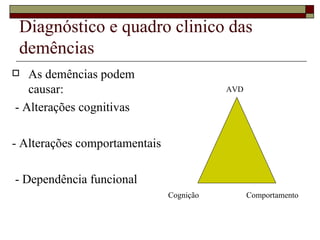 Diagnóstico e quadro clinico das demências As demências podem causar: - Alterações cognitivas - Alterações comportamentais - Dependência funcional Cognição AVD Comportamento 